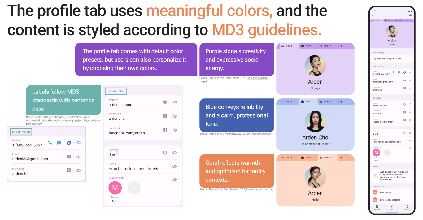 The profile tab uses meaningful colors and the content is styled according to MD3 guidelines