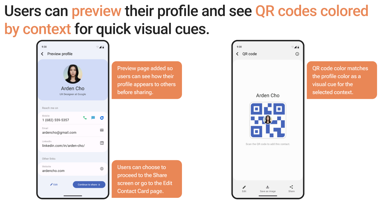 Users can preview their profile and see QR codes colored by context