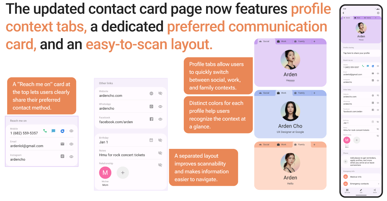 The updated contact card page features profile context tabs, a dedicated preferred communication card, and an easy-to-scan layout