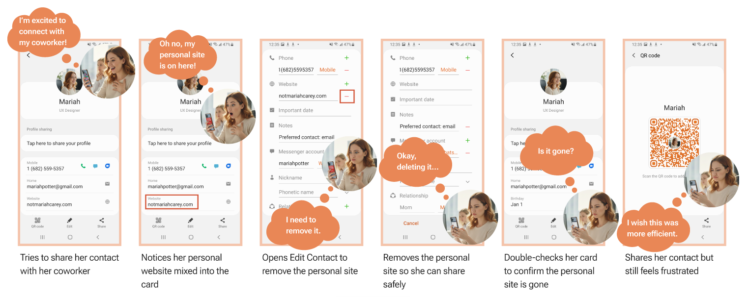 Mariah's journey sharing her contact card, from trying to share to noticing her personal site is visible, removing it, and sharing again