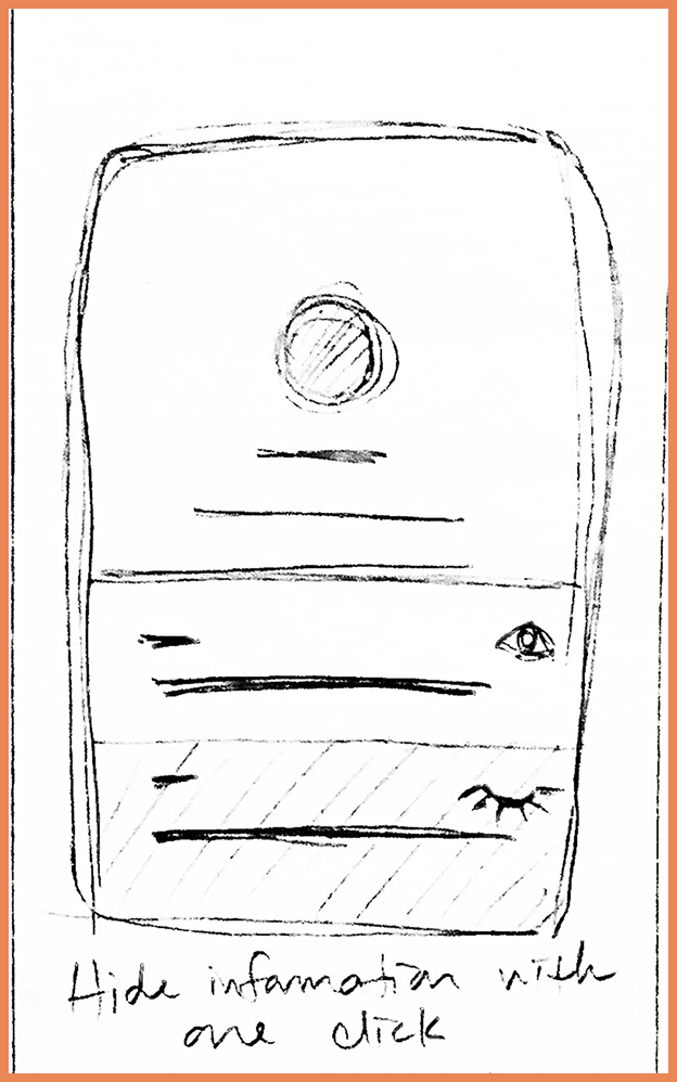 Sketch of a contact card with an eye icon to hide a field with one click
